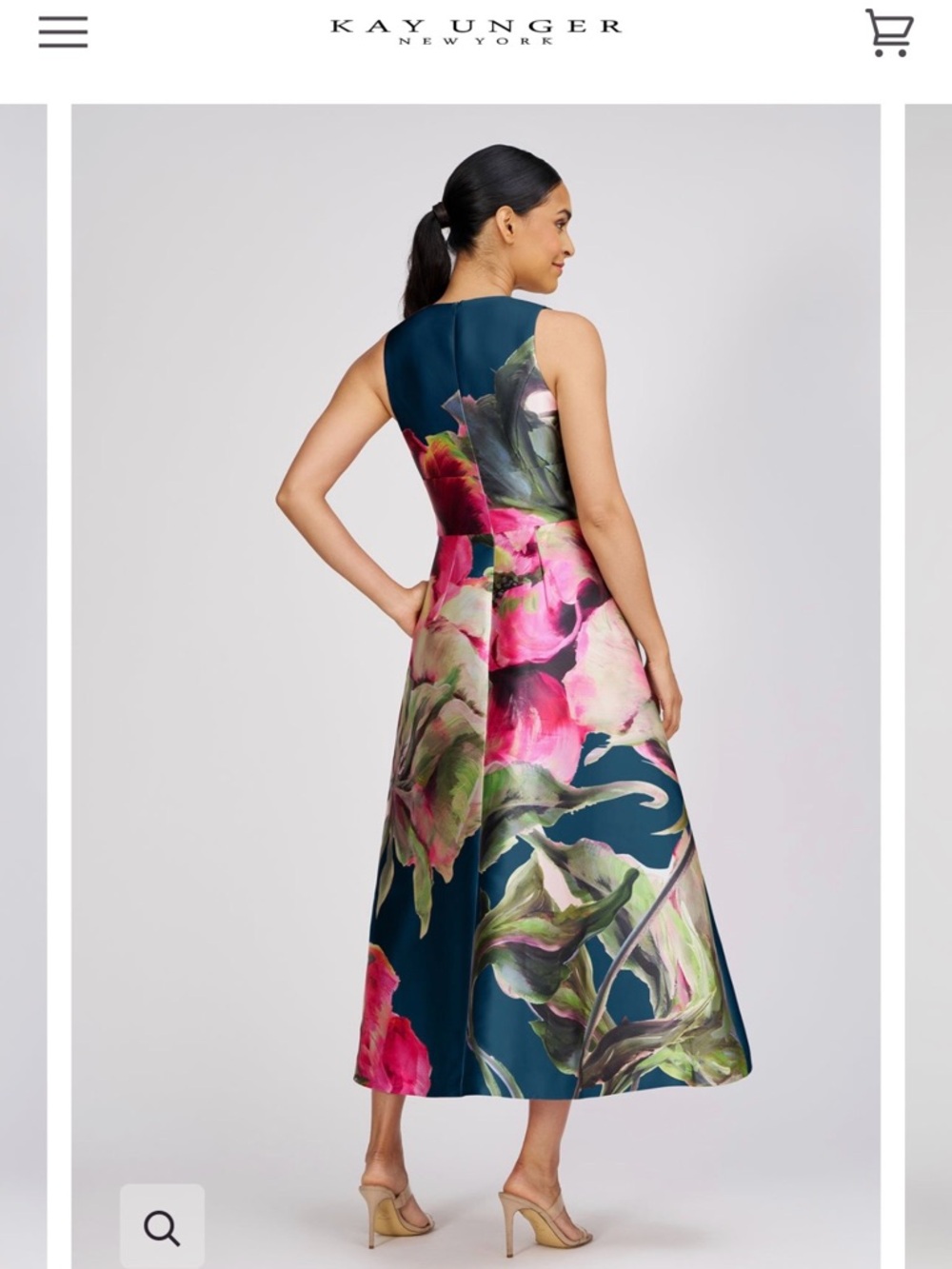 Kay Unger Teal Midi Dress with Pink & Green Floral Print - Picture 3 of 3